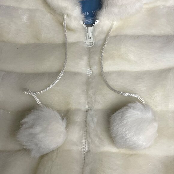 Nine West Faux Fur Full Zip Pom Pom Hooded Winter Coat White Ivory Sz MED - Picture 4 of 7
